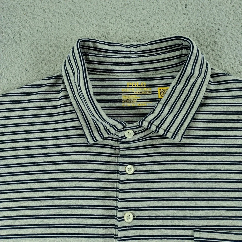 Polo Ralph Lauren Performance Polo Shirt Mens XL Gray Stripe Pocket Stretch